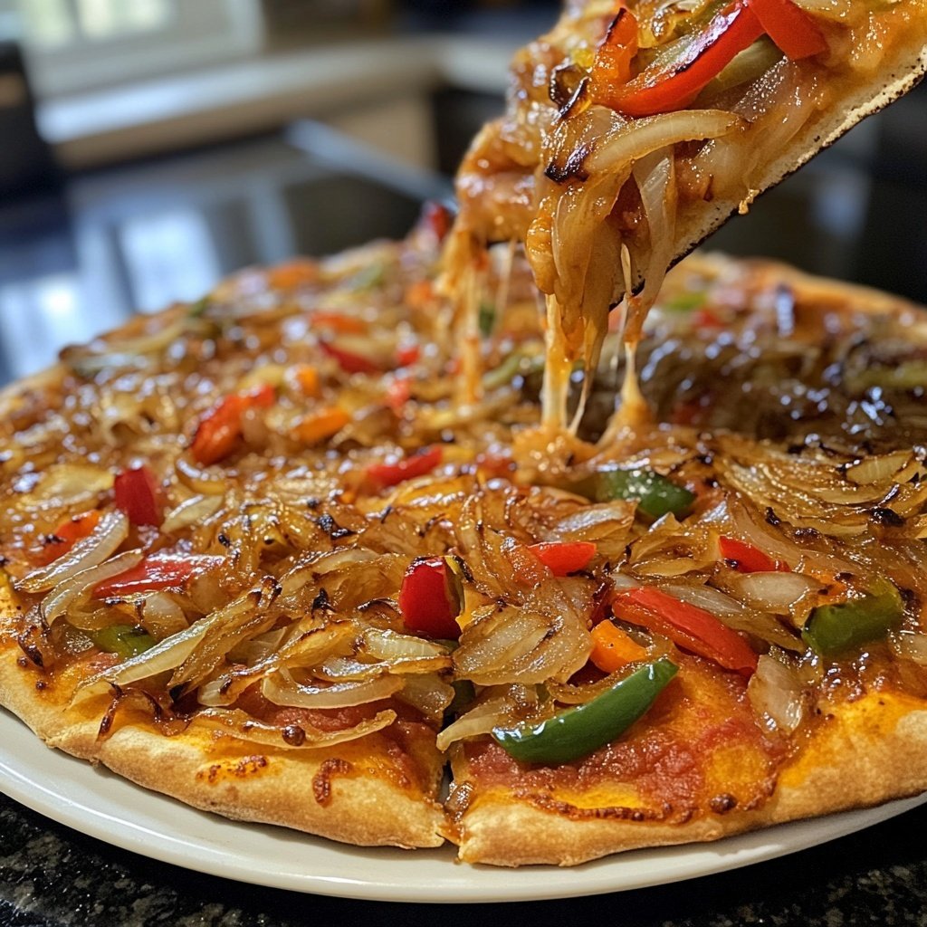 Pizza mit Zwiebeln und Paprika